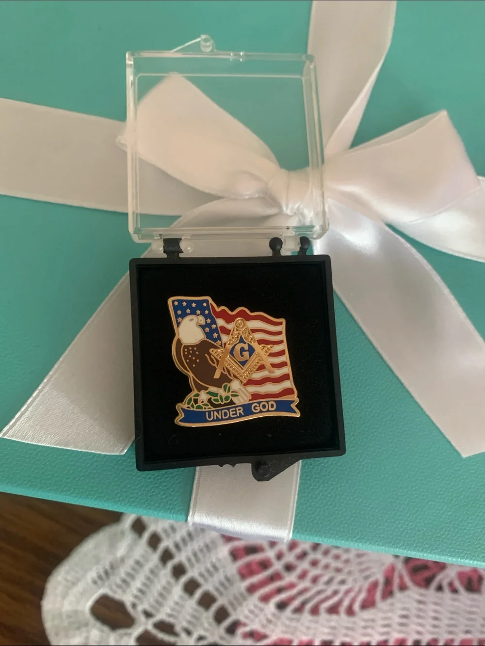 Patriotic 'Masonic Under God' Eagle Pin in Red, White & Blue